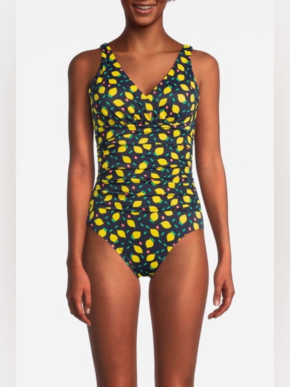 BODEN Talamanca Ruched Swimsuit Navy Blue Lemon Fruit One Piece Size 8 Tall